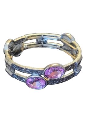 Vintage Style Silver-Tone Purple Crystal Stretch Filigree Bracelet